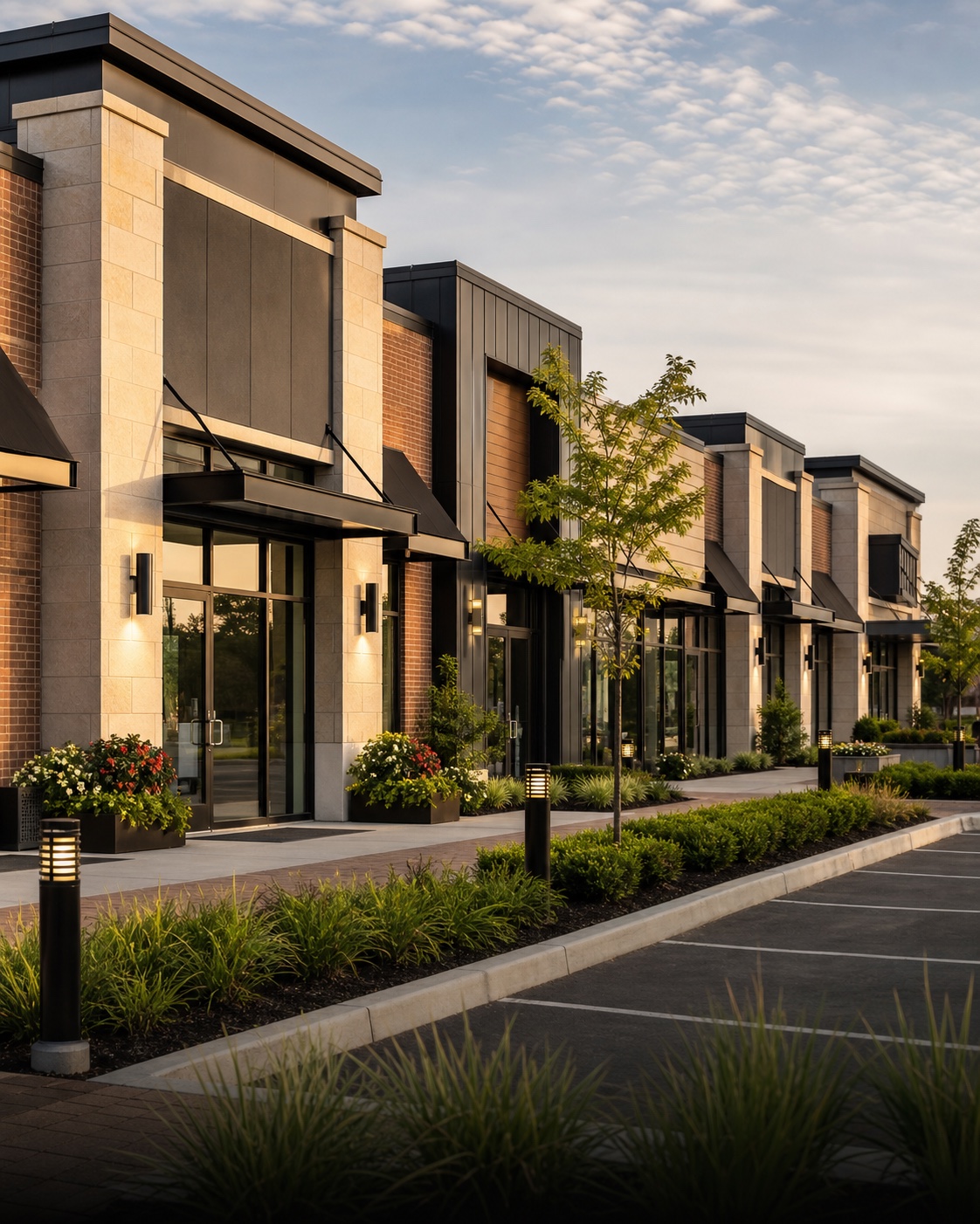 Conceptual professionally maintained retail plaza with landscaped walkways and exterior lighting