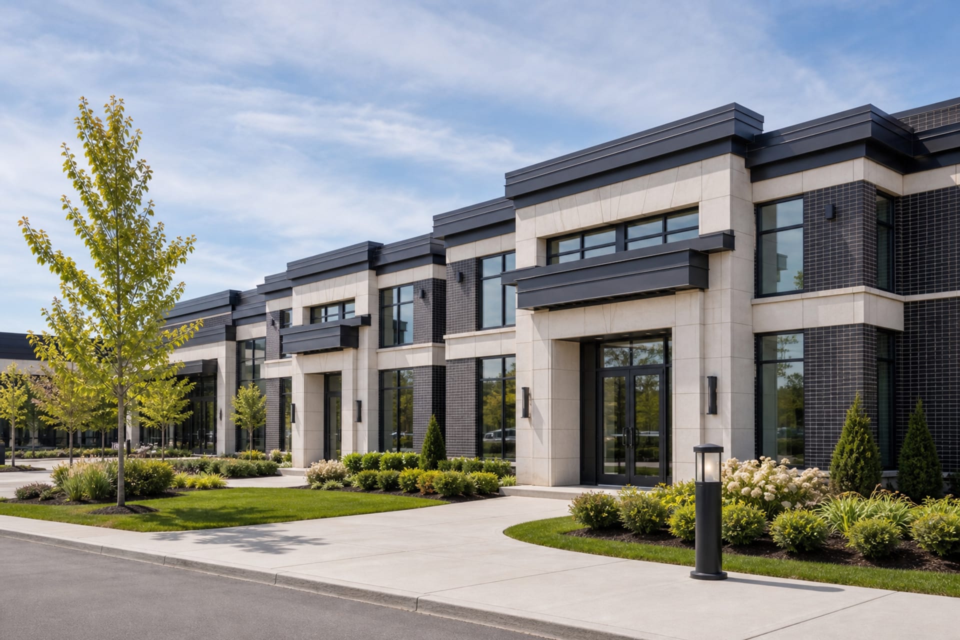 Conceptual professionally maintained commercial office property and landscaped entrance
